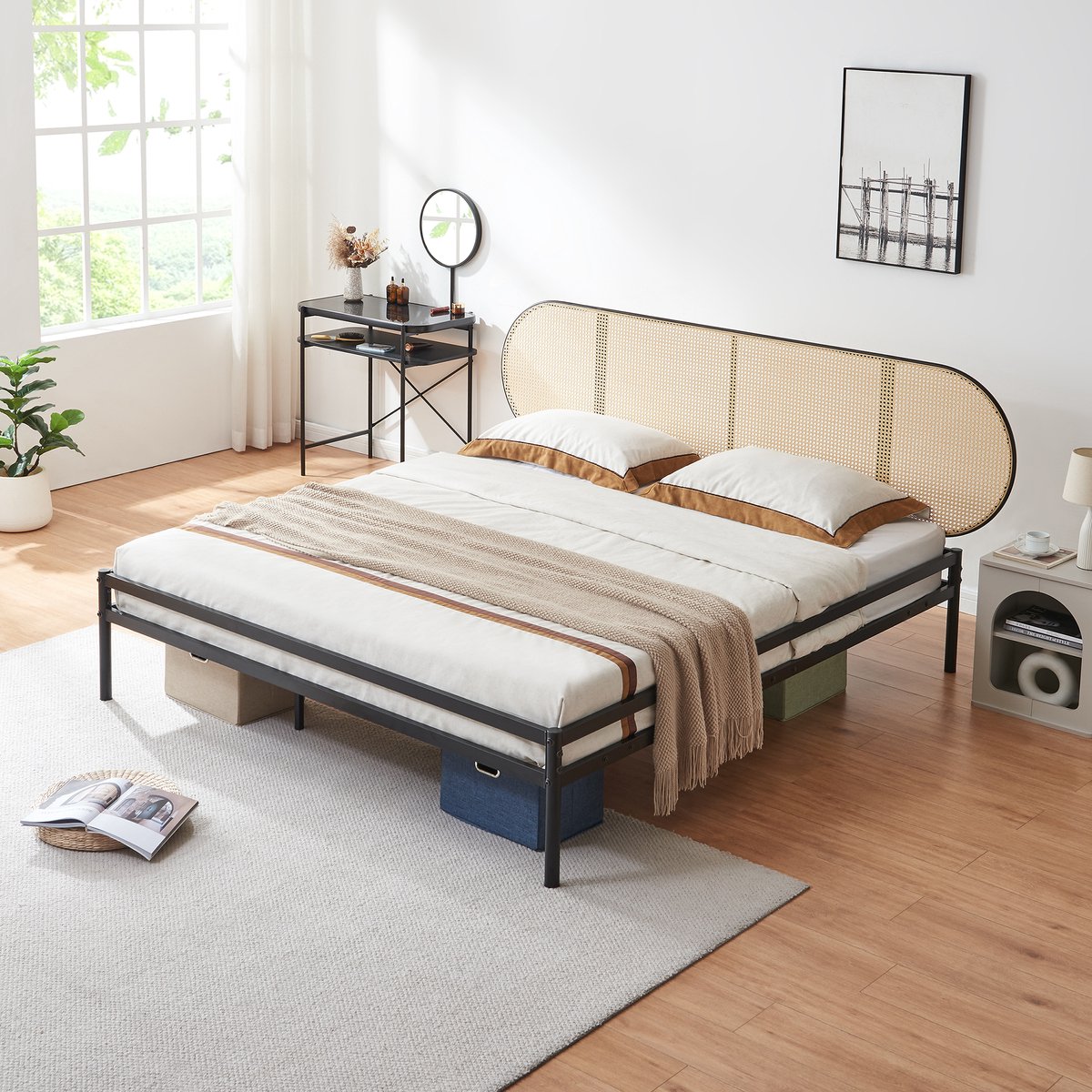 Metalen bed Linköping met matras 180x200 cm zwart en rotan look [en.casa]