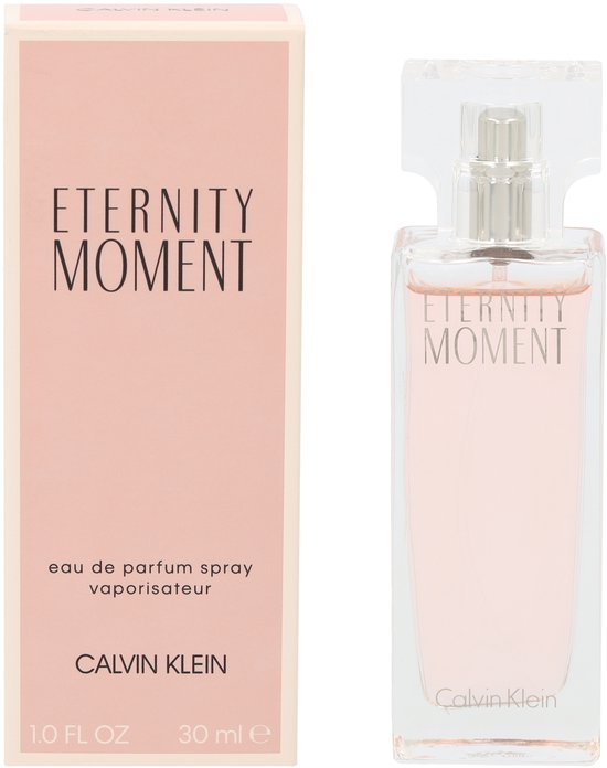 Calvin Klein Eternity Moment Eau de Parfum vaporisateur 30 ml dans une boîte rose pâle avec flacon.