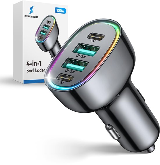 Dynabright Autolader 100W - Geschikt voor 12V/24V - Snellader - 2x USB & 2x USB-C - SigarettenAansteker Adapter - 4 Poorten - Compact - Autolader USB-C