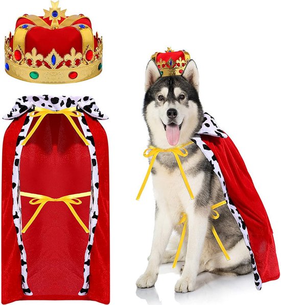 Joya Pets® Koning Verkleedset Hond | Gouden Kroon & Rode Cape 80cm | Huisdier Verkleedkleding | Hondenkostuum Carnaval & Halloween | Koning Kostuum Hond | Verkleed Accessoires Huisdieren | Honden Verkleedpak