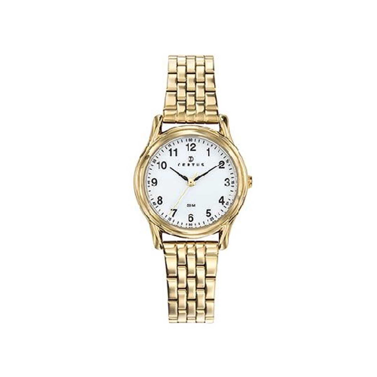 Certus-dameshorloge-model 630689-goudkleurig-5 atm waterdicht-diameter 28 mm-duidelijke wijzerplaat-made in France