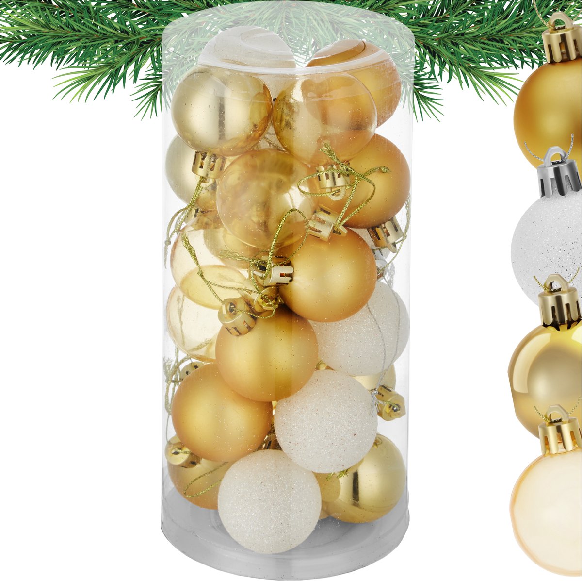 tectake® Set van 24 Kerstballen - Mat, Glanzend en Glinsterend Oppervlak - Kerstballen van Robuust Plastic - Kerstversiering met Opbergbox - Kerstboomversiering - 4 cm - Wit/Goud