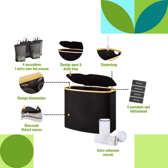 Panier à linge SolVva 3 compartiments – Panier à linge 205 L avec 3 compartiments et Sacs à linge en filet – Paniers à linge – Trieur de linge – Extra grande capacité