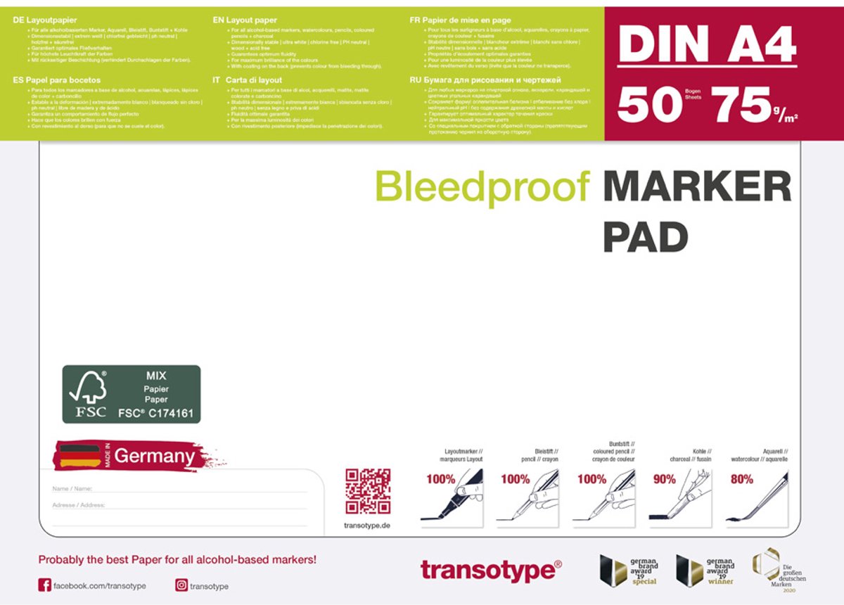 Transotype markerblok A4 75g/m² 50 vel - geschikt voor COPIC markers