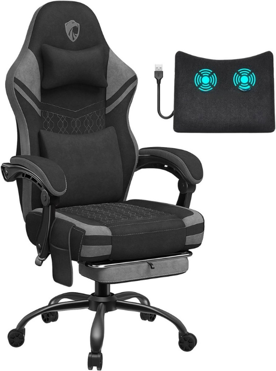 Gamingstoel Met Massage Technologie - Stoffen Bureaustoel Voor Gaming En Kantoor - Comfortabele Stoel Met Ergonomisch Ontwerp - Zwart-Grijs