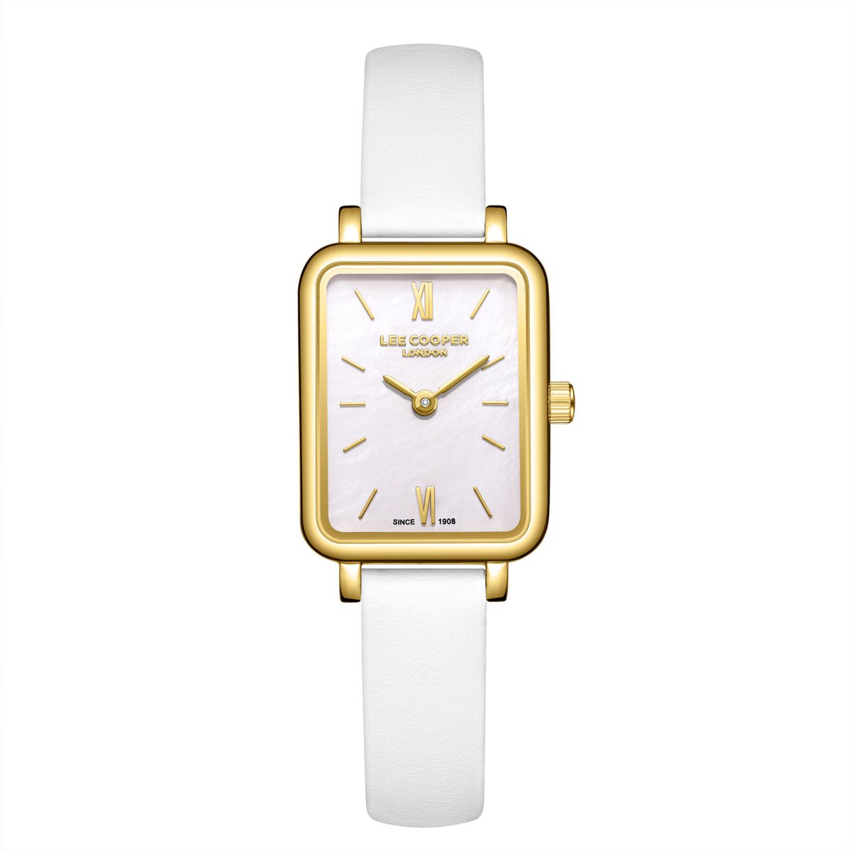 Lee Cooper LC08208.123 - Horloge - Polshorloge - Analoog - Dames - Vrouwen - Leren band - Metaal - Vierkant - Romeinse cijfers - Goudkleurig - Wit