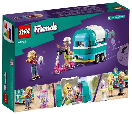 Achterkant van de doos met LEGO Friends mobiele bubbelthee stand: diverse scènes met de mintgroene en gele foodtruck, poppen en scooter.