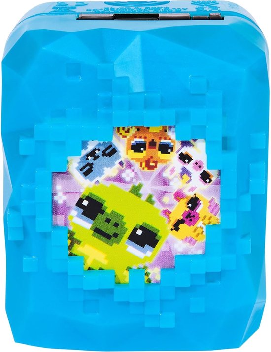 Blauw Bitzee speelgoedje met pixel-afbeeldingen van vier verschillende diertjes op de voorkant.