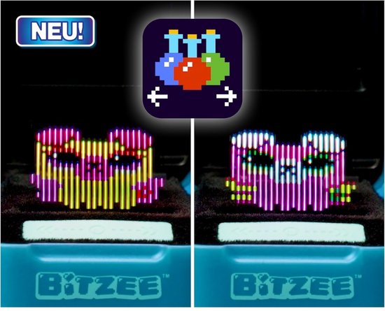 Twee Bitzee karakters, één met roze en gele kleuren, de ander met roze en groene kleuren.