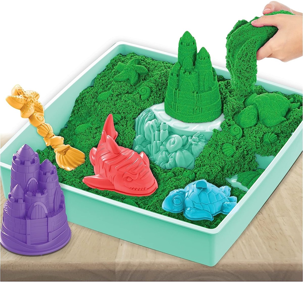 Kinetic Sand - Zandbak-set met 454 g groen origineel Kinetic Sand opbergzandbak 4 vormen en gereedschap - Sensorisch speelgoed — afbeelding 21