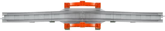 LEGO Duplo treinbrug met oranje boogconstructies en grijze rails.