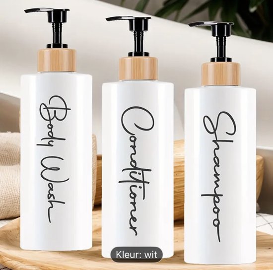 Set de 3 flacons pompe, 500 ml, distributeur de savon en plastique blanc avec bambou et texte, flacon shampoing rechargeable.