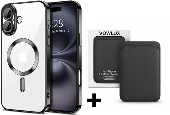 Coque iPhone transparente avec bordure noire et anneau compatible MagSafe, plus un portefeuille MagSafe noir.