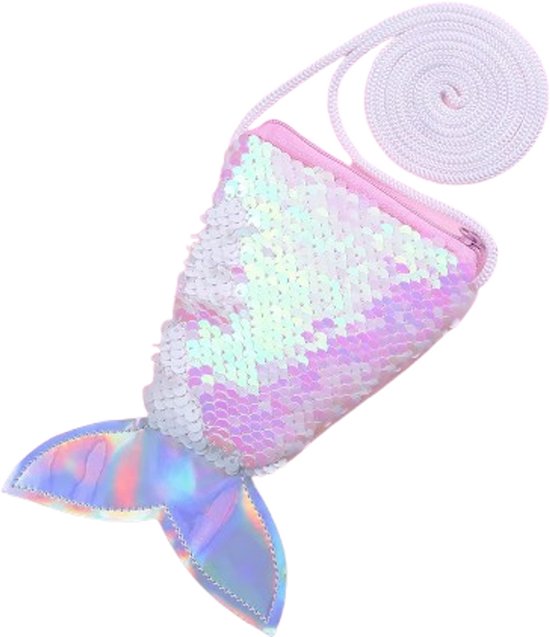 Schoudertasje Zeemeerminnenstaart - Meisjes tasje - Munttasje - Wit/ Roze - crossbodytas - muntjes tas