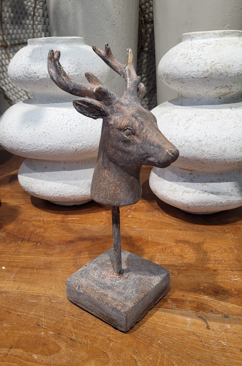 Mix en Match - Decoratiebeeld - Hert op voet - Landelijk - kleur grijs/bruin - Maat M 28 x 10 cm - Steen