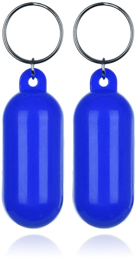 Twee blauwe, drijvende sleutelhangers met sleutelring.