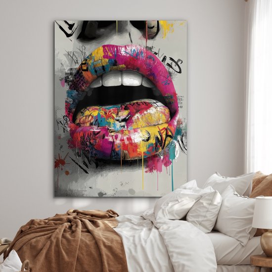 Tableau sur aluminium 120x160 cm - Décoration murale en métal - Lèvres - Graffiti - Expressif - Décoration murale en métal pour salon - Décoration industrielle - Photo sur Dibond - Accessoires industriels pour chambre