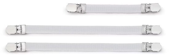 Drie witte verstelbare spanners met metalen clips, op een rij.