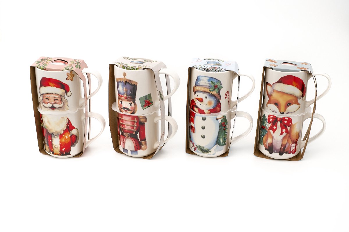 Kerst Mokken Porselein – 265 ML – Set van 2– Vier verschillende Prints – Feestelijke Cadeauverpakking