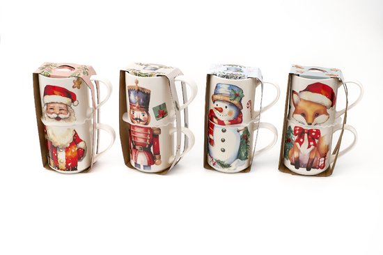 Kerst Mokken Porselein – 265 ML – Set van 2– 4 Verschillende Prints – Feestelijke Cadeauverpakking
