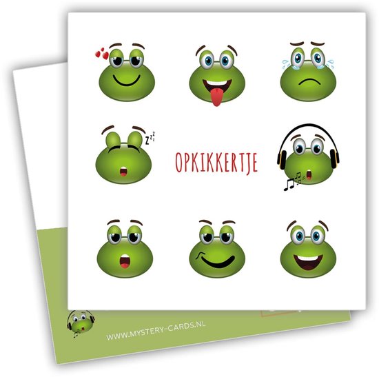 Een kaart met 9 lachende kikkers met verschillende uitdrukkingen, met de tekst "OPPIKKERTJE".