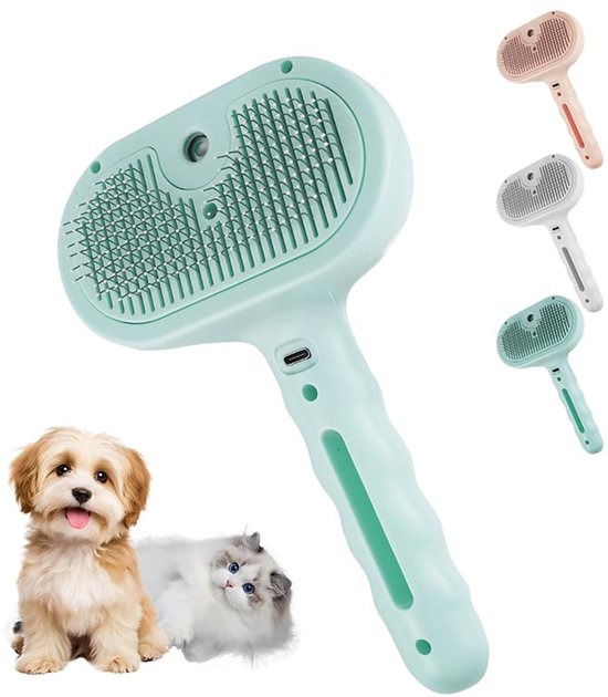 Stoomborstel voor huisdieren voor honden, katten en honden, huisdierontharing, ingebouwde mistbevochtiger, met één-klik-ontgrendelingsknop, gemakkelijk schoon te maken, groen