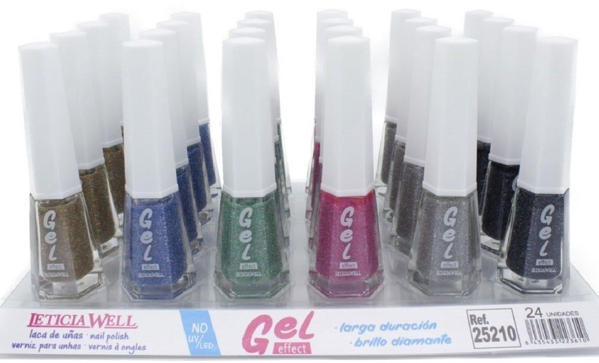 Leticia Well - Set met 6 Flesjes Glitter / Zilver Topping / Zand Effect Nagellak - Gel Effect - Bruin - Blauw - Groen - Roze - Zilver/Grijs - Zwart - Inhoud per flesje 10 ml.