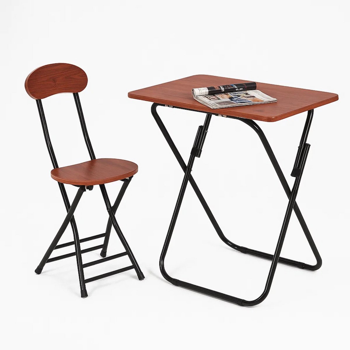 Lomera Klaptafel Met Stoel - Compacte Eettafel - Mdf Met Metaal - Bruine Houtmotief - Zwart Metalen Frame - Kinderkamer Tafelset - Lichtgewicht Tafelset - Eenvoudig Opbergen - Laag Model Zithoogte - Bruine Klapstoel - Tafelblad nvt