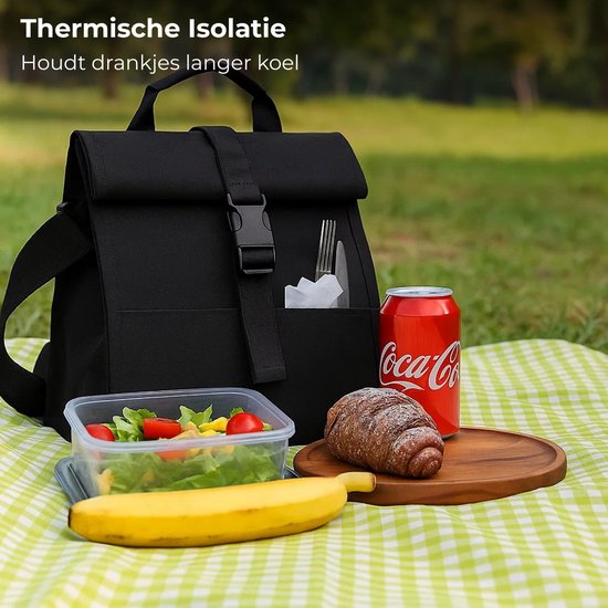 Lomera Koeltas Schoudertas - Spatwaterdicht - Thermisch Geïsoleerd - Lichtgewicht Koeltas - Voor 12 Blikjes - Afsluitbare Koeltas - Verstelbare Schouderband - Insteekvak Achterzijde - Oxford Cloth Materiaal - Zwarte Koeltas van Merkloos — afbeelding 5