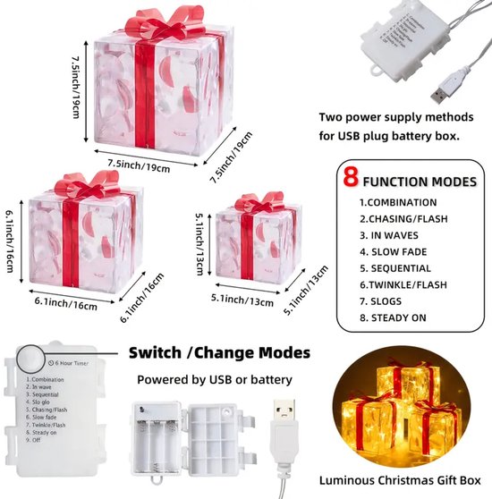 Set van 3 kerstverlichte LED-geschenkdozen decoratief met warme lichtdozen pakkettenset met klatergoud en strik ijzeren frame binnen buiten kerstdecoratie,Champagne goud