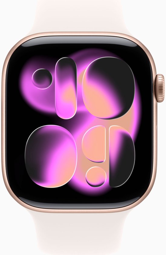 Apple Watch S11 cellulaire 46mm boîtier en aluminium or rose, cadran avec formes abstraites violettes et oranges.