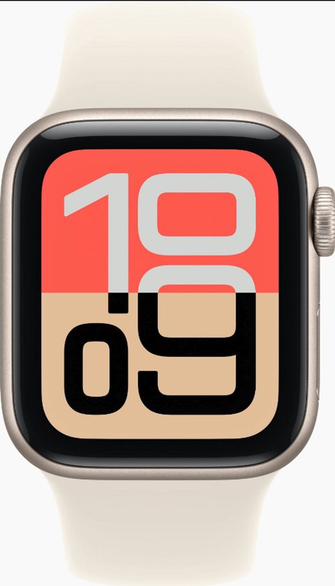 Gouden Apple Watch SE met een crèmekleurige band, wijzerplaat toont 10:09.