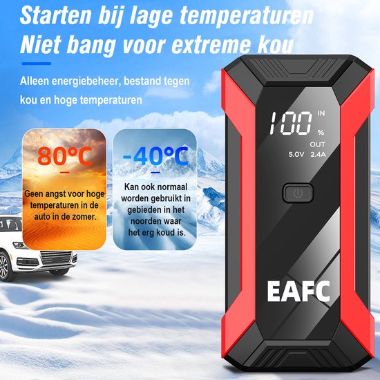 Zwarte en rode EAFC jumpstarter met digitaal display, geschikt voor -40°C en 80°C.