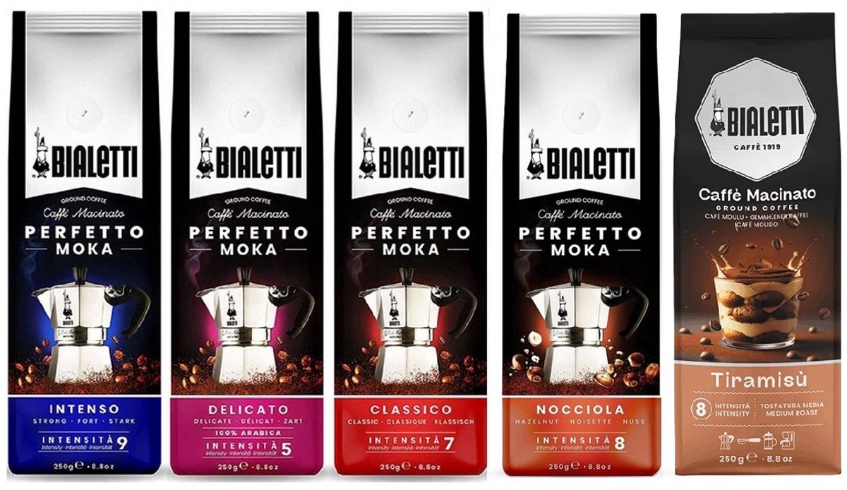 Bialetti Perfetto Moka Gemalen Koffie Proefpakket - 5 x 250 gram - Classico, Intenso, Delicato , Nocciola , Tiramisu