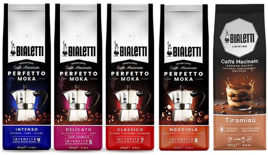 Bialetti Perfetto Moka Gemalen Koffie Proefpakket - 5 x 250 gram - Classico, Intenso, Delicato , Nocciola , Tiramisu