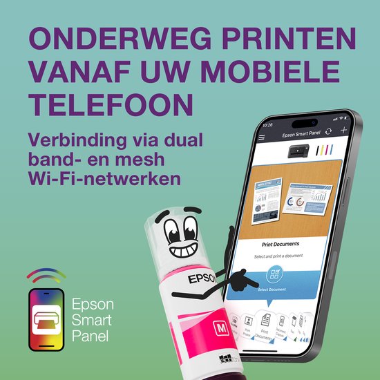 Telefoon toont Epson Smart Panel app voor draadloos printen. Vrolijke roze inktfles met armen en benen.