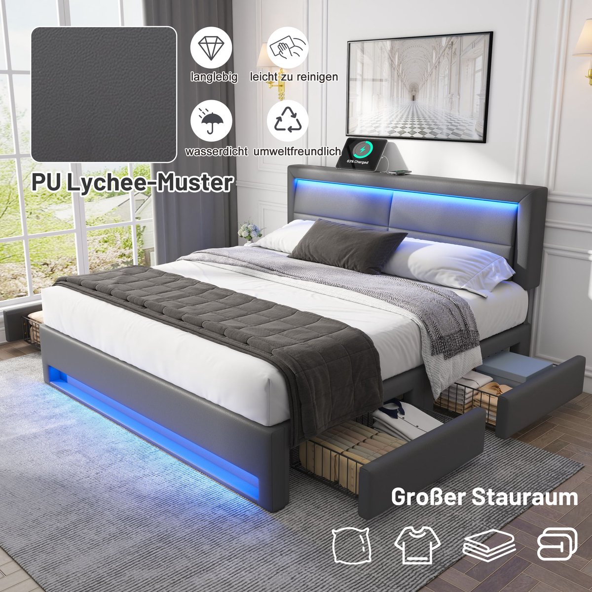 Merax Gestoffeerd bed 140 x 190 cm met USB-poort met LED-verlichting en vier opberglades zonder matras - grijs