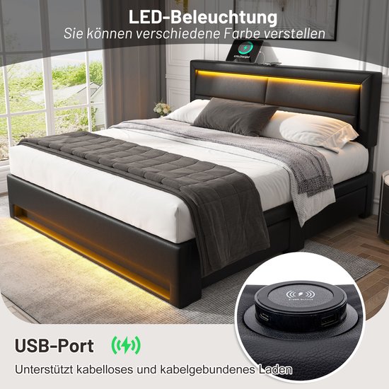 Zwart bed met beddengoed en gele LED-verlichting. Telefoon wordt draadloos opgeladen.