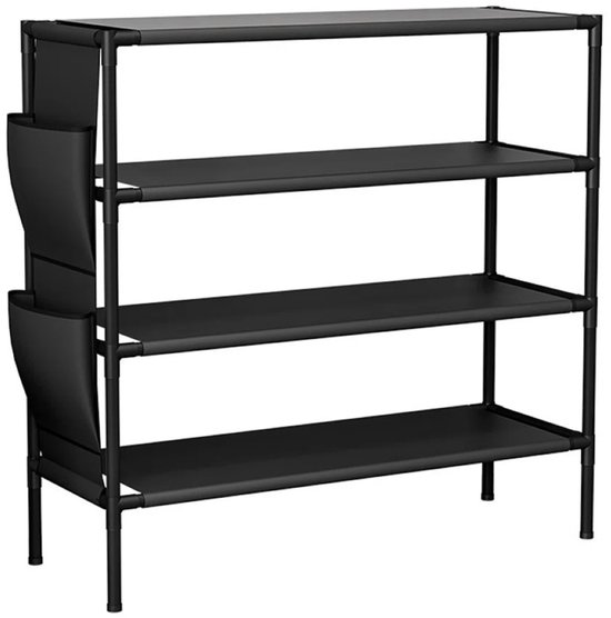 Étagère à chaussures noire à quatre niveaux avec deux poches de rangement latérales, 80x30x61cm.