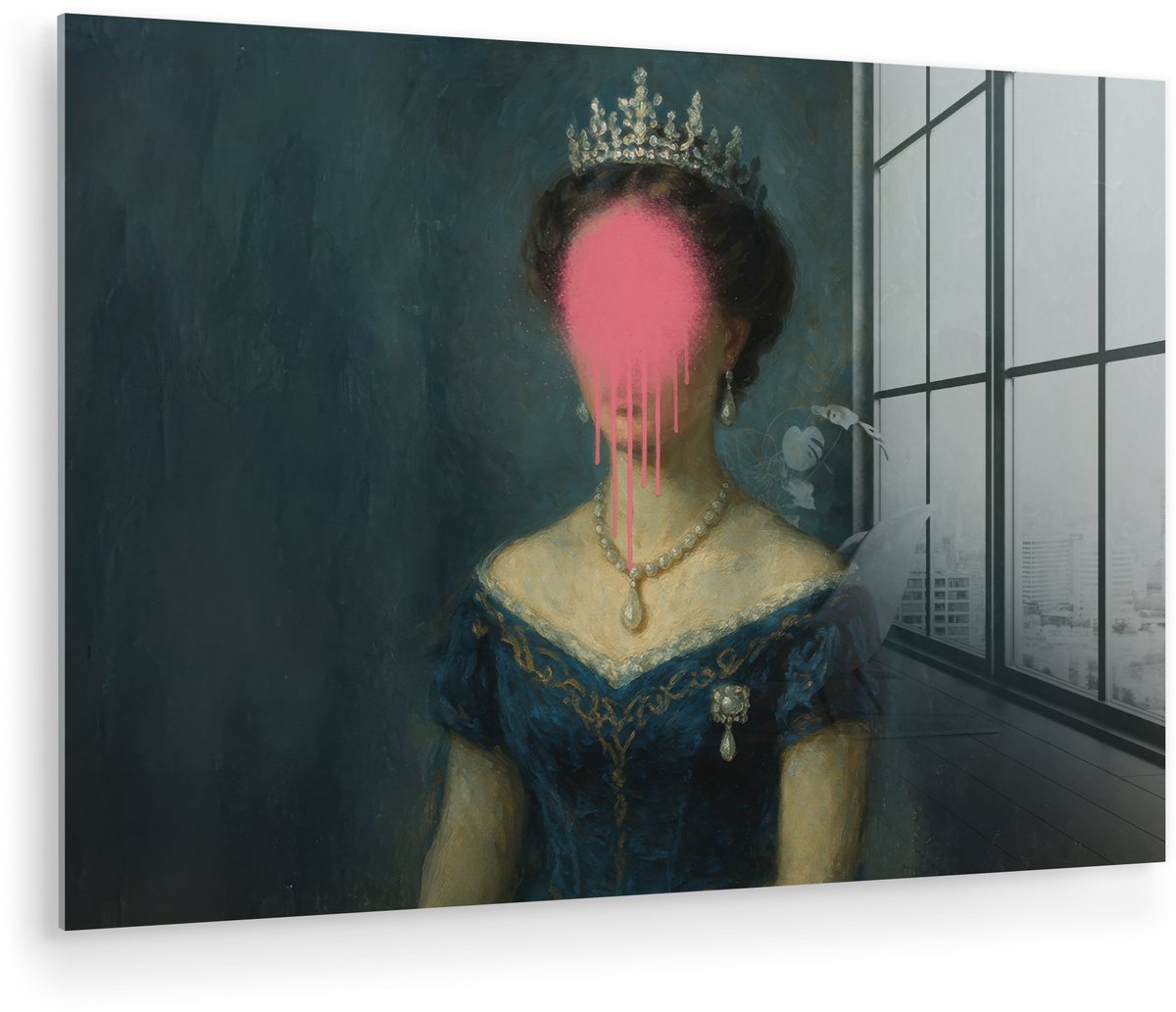 MuchoWow® Glasschilderij 60x40 cm - Schilderij acrylglas - Kroon - Roze druipend verf - Po