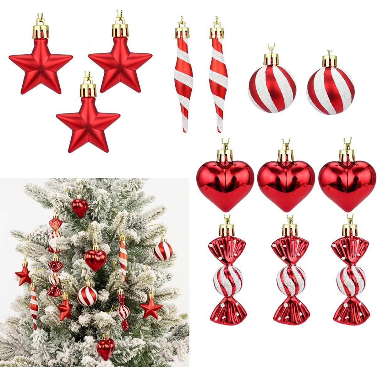Kerstballen - Kerstversiering - Kerstboomversieringen - Riet - Snoep - Hartvorm - Ster - Ophangbaar - Versier De Kerstboom - Onbreekbaar - 13 Stuks - Klassieke Kerstboomdecoratie - Geschikt Voor Mardi Gras, Pasen, Kerstmis En Thanksgiving - Rood/Wit