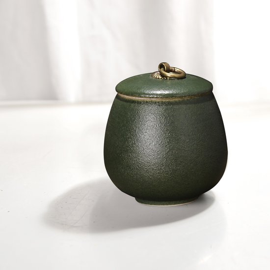 Donkergroene, textuur reliëf urn met gouden handvat op een witte ondergrond met schaduw.