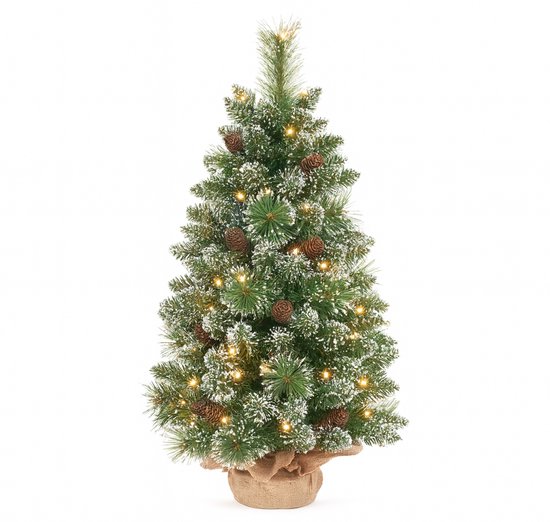 Mini sapin de Noël 40/70 cm avec Siècle des Lumières LED et minuterie - Sapin de Noël artificiel avec neige et pommes de pin - Sapin de Noël de table compact avec base en lin - LED blanc chaud, fonctionnement sur piles