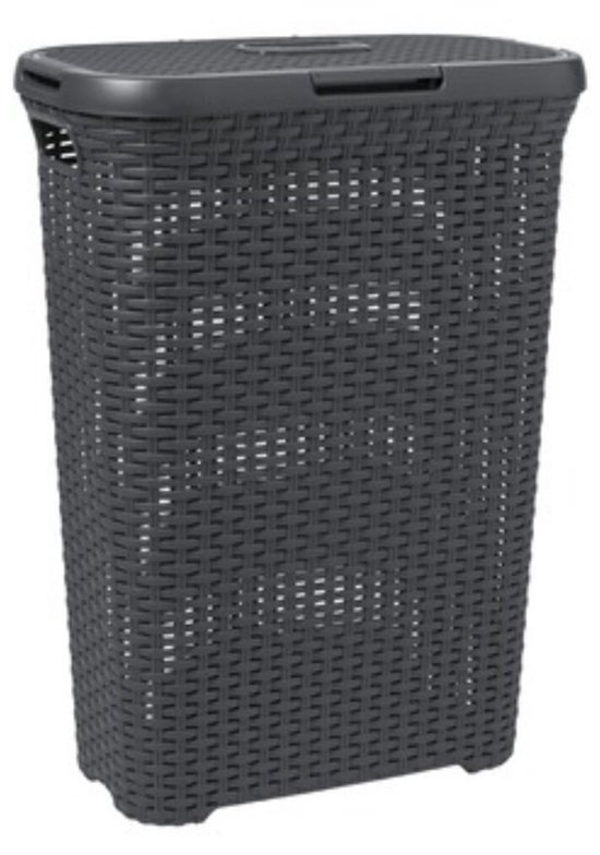 Panier à linge Curver anthracite de style tressé avec couvercle et poignées.
