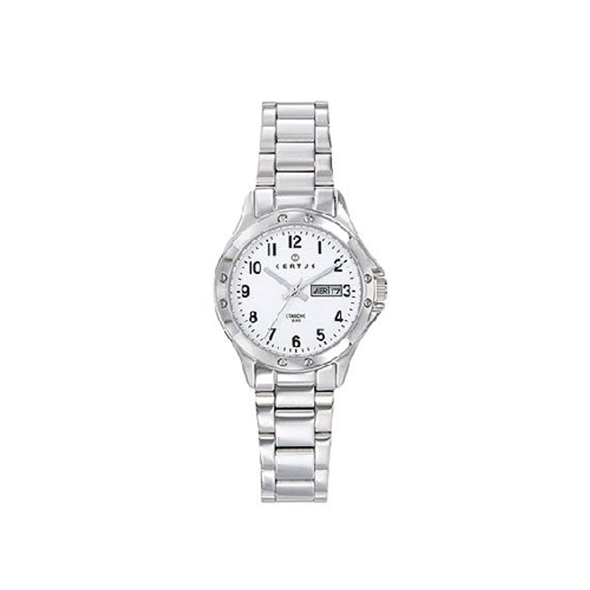Certus-dameshorloge-model 641381-zilverkleurig-dag aanduiding-datum aanduiding-5 atm waterdicht-diameter 28mm-made in France