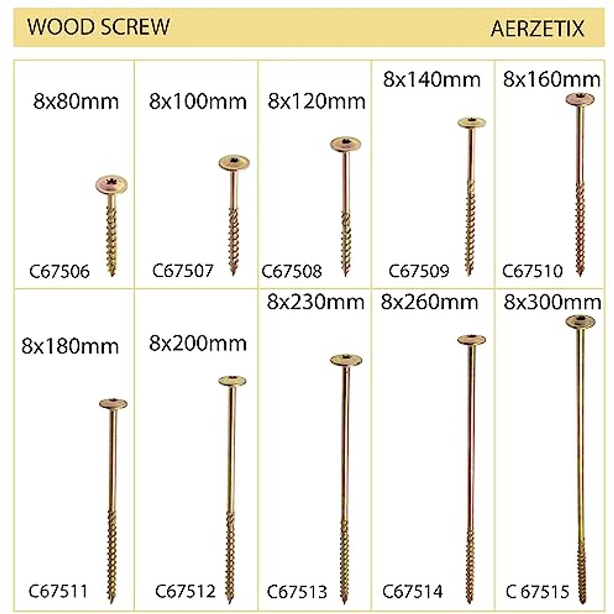 C67513 - Set van 10 houtschroeven Ã˜8x230mm met brede, gekromde kop - sterprint van gegalvaniseerd staal