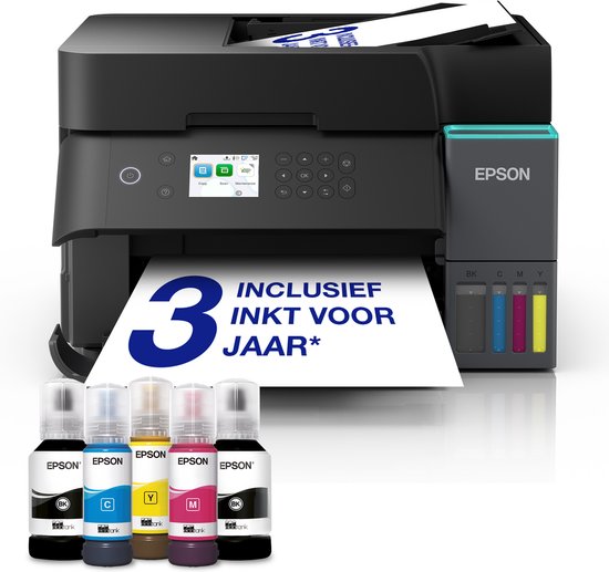 Zwarte Epson EcoTank printer met inktflessen en een papier met de tekst 'Inclusief 3 jaar inkt'.