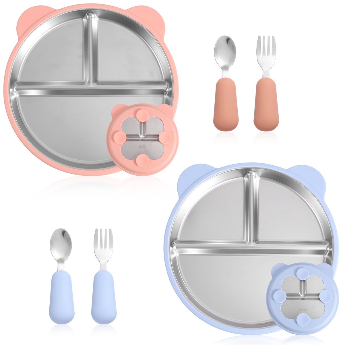 Image of 2 Stuks Kinderborden RVS - Met Siliconen Zuigcup - Inclusief 2 Vorken & 2 Lepels - BPA-vrij - Roze en Blauw