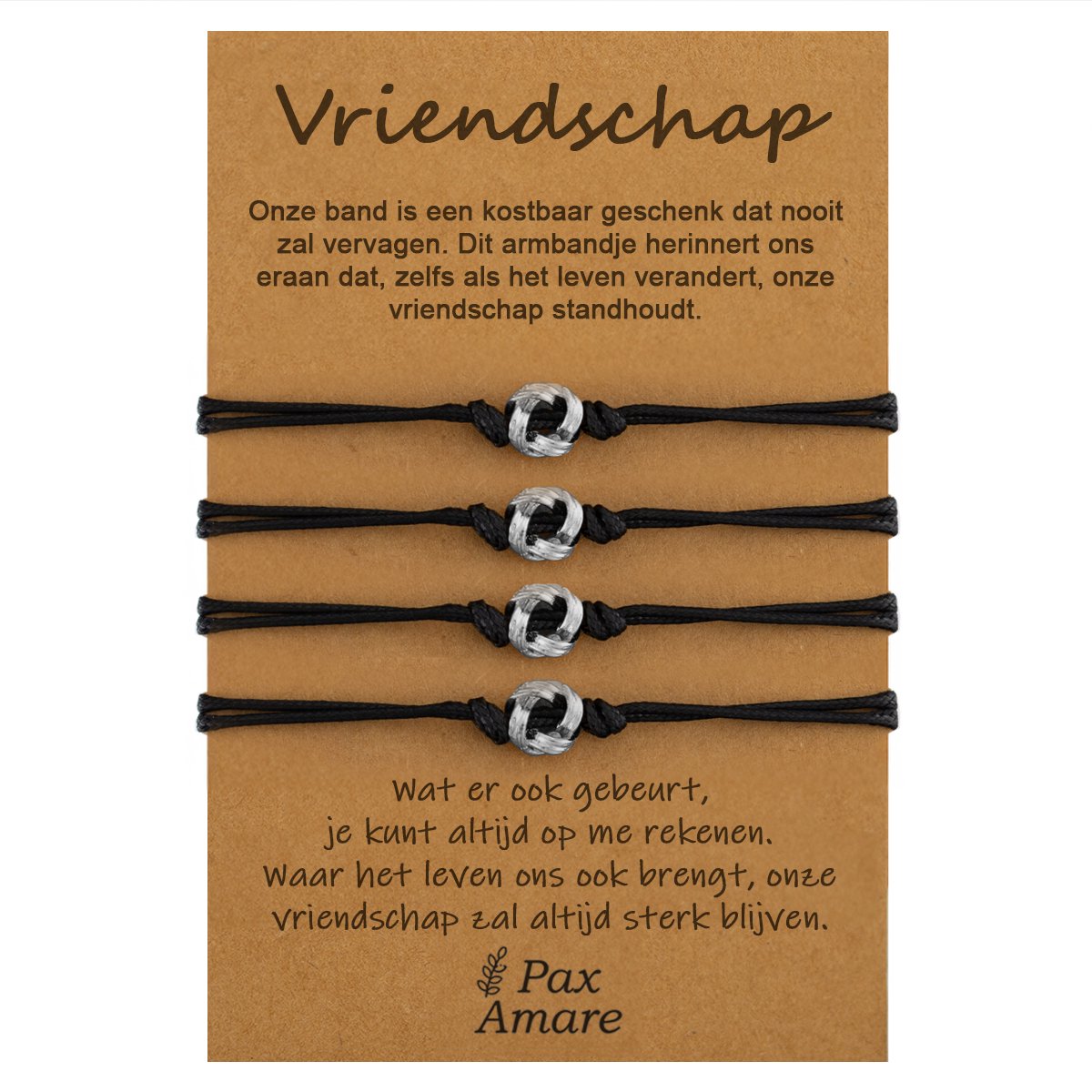Vriendschapsarmbandjes voor 4 "Vriendschap" - Knoopjes - BFF Armbandjes met Cadeau Kaartje - Zilverkleurig - Elastisch Verstelbaar - Pax Amare
