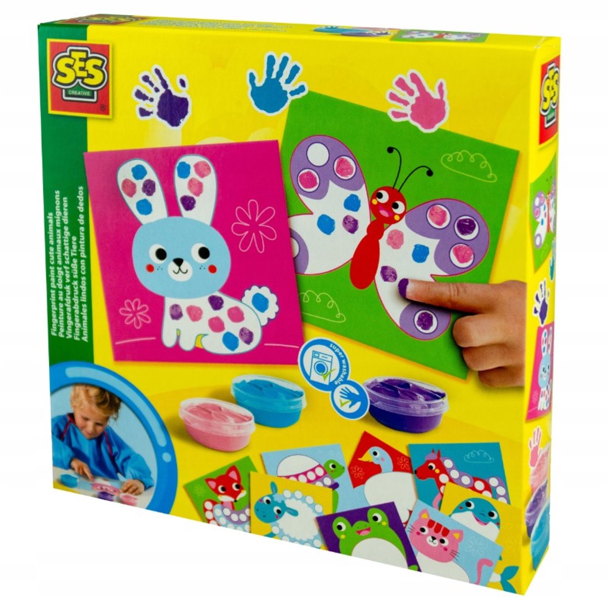 SES Creative - My First – Vlinder Stippen met Vingerverf - 10 kleurplaten met dieren en 3 kleuren vingerverf - goed uitwasbaar - 1 tot 4 jaar